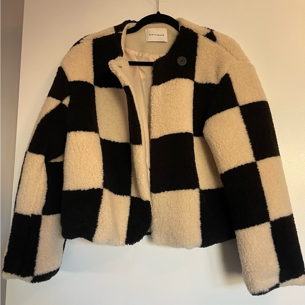 Collarless Checked Shearling Jacket, Black - image 4